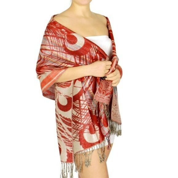 NWT Gorgeous Reversible Peacock's Feather Fringed Pashmina Shawl Evening Wrap - Picture 2 of 8